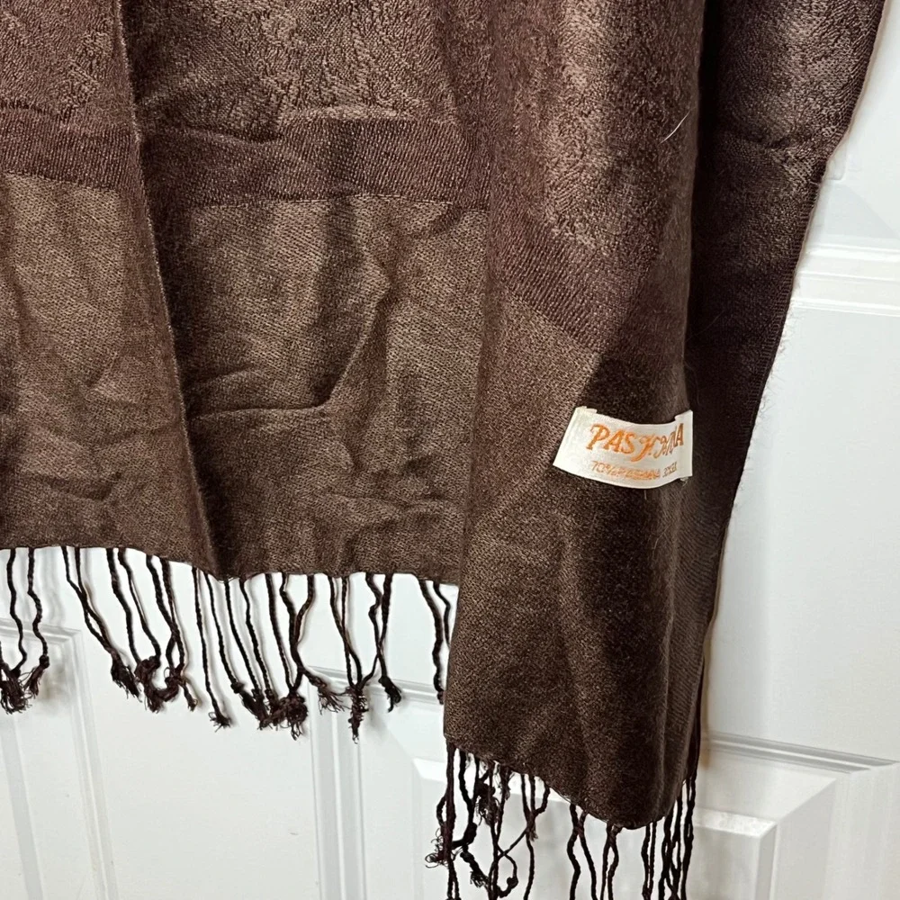 Pashmina SILK Oversize Scarf Brown‎ Paisley Pattern Tassel Fringe Luxury Wrap